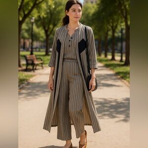 Vintage 90s CARIBE Made in USA Rayon Striped Duster ,Top & Wide Leg Pants